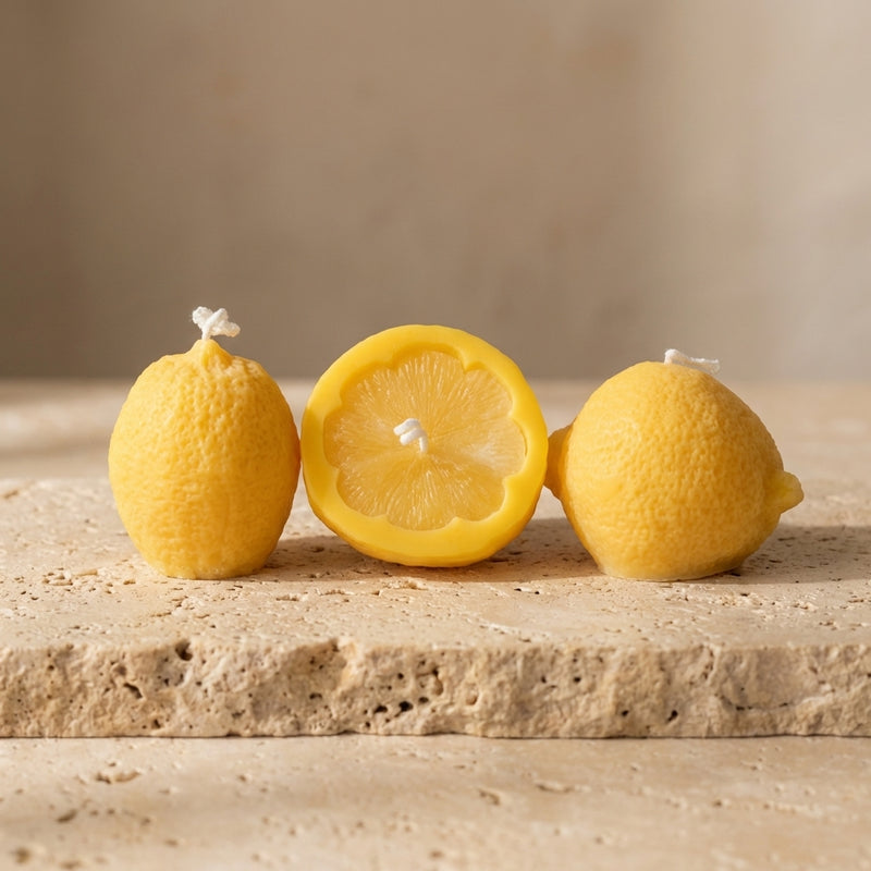 Close-up of a hand-poured soy wax lemon candle trio highlighting the incredibly lifelike textures of the three unique citrus shapes.