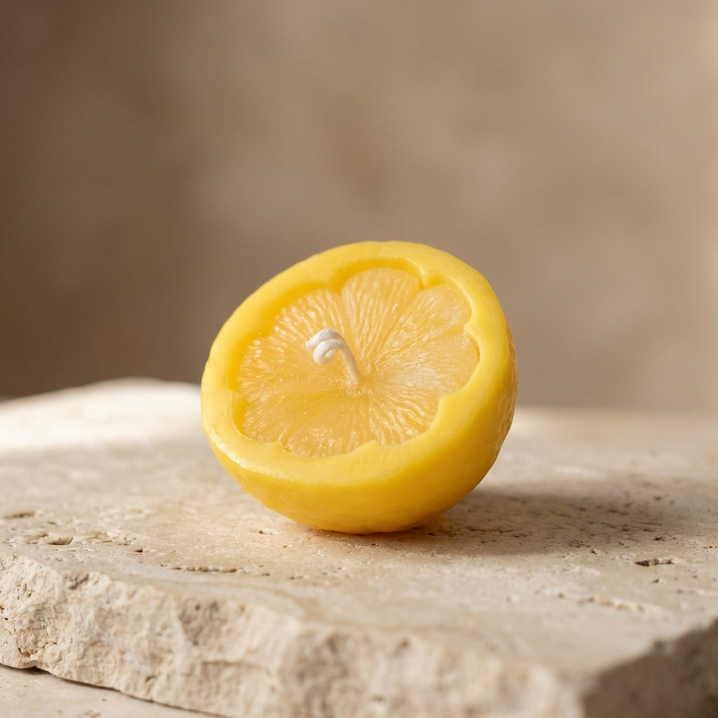 Close-up of a hand-poured soy wax lemon half candle highlighting its incredibly lifelike, realistic citrus wedge texture.