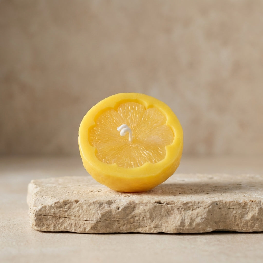 Lemon half candle styled beautifully as a vibrant, summery Mediterranean accent on a fresh kitchen counter.