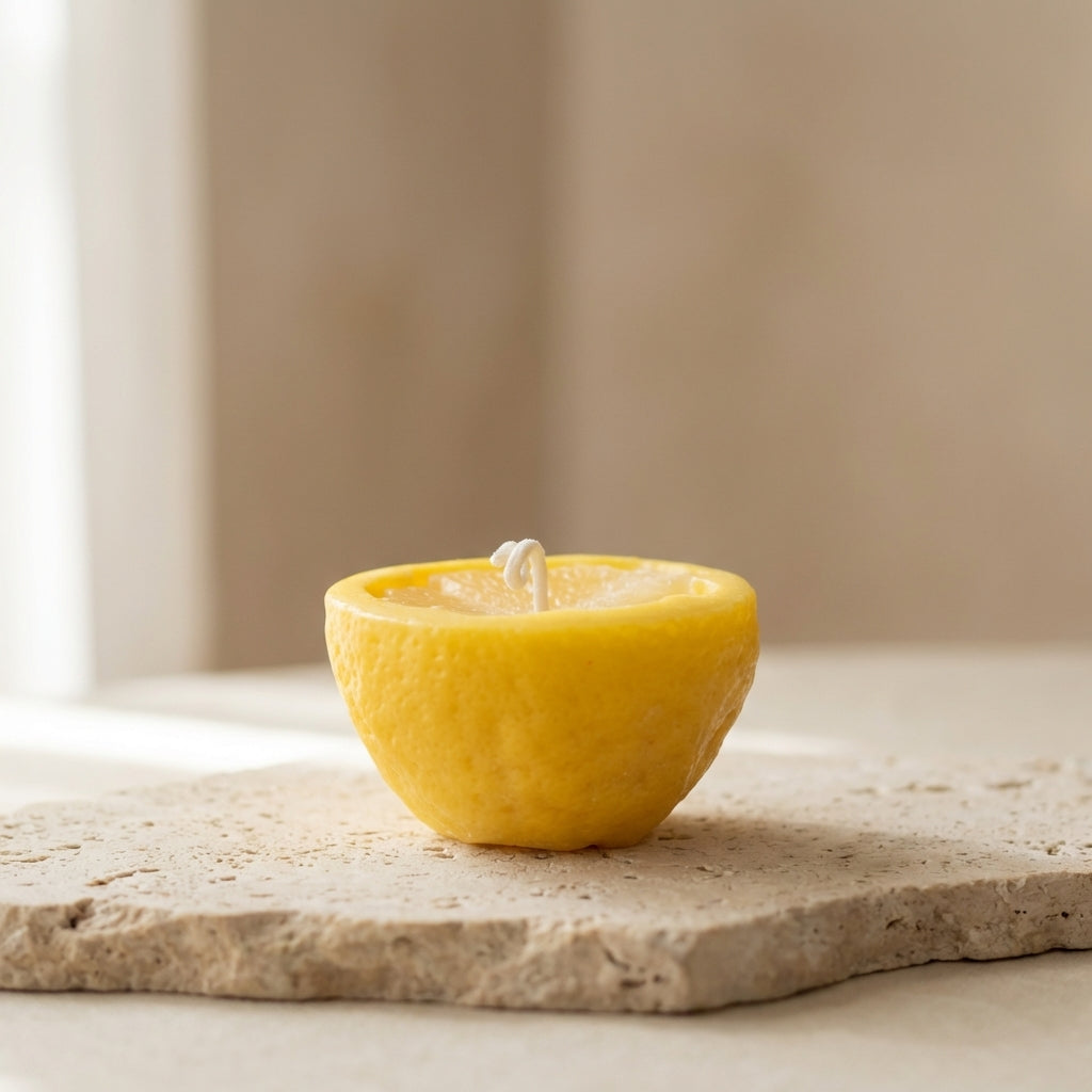 Lemon half candle styled beautifully as a vibrant, summery Mediterranean accent on a fresh kitchen counter.