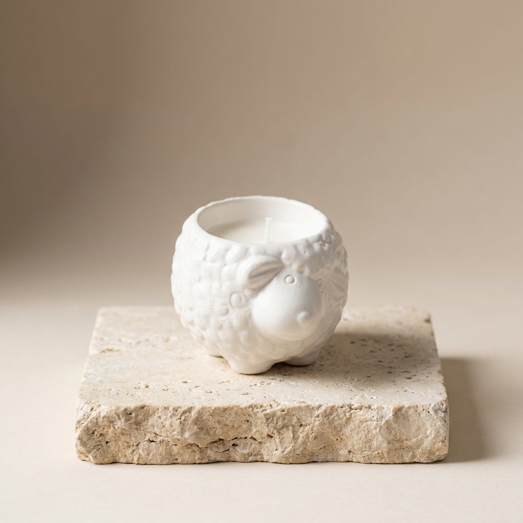 Close-up of a handcrafted, textured gypsum vessel shaped like an adorable little lamb, featuring hand-poured natural soy wax and a single cotton wick.