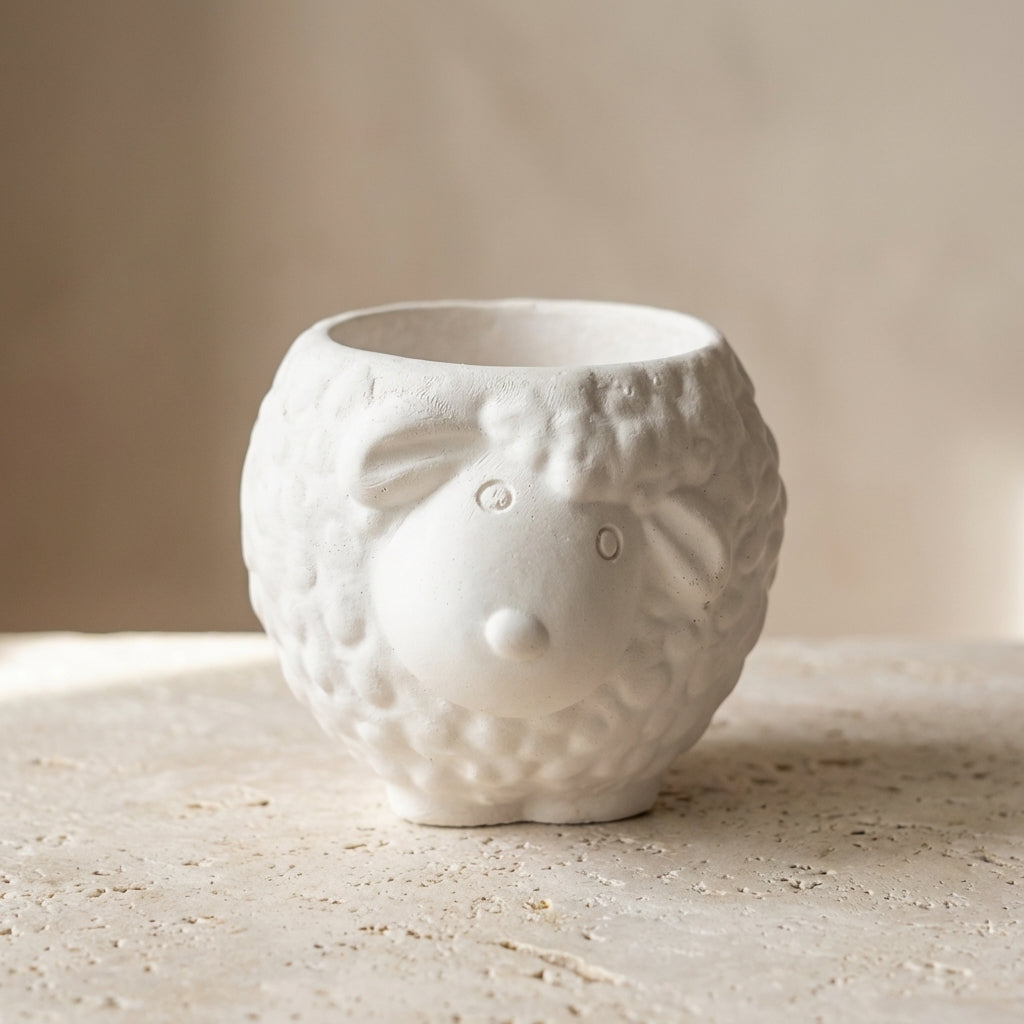 Adorable little lamb gypsum candle styled beautifully as a sweet, cozy decor piece in a calming baby's nursery.