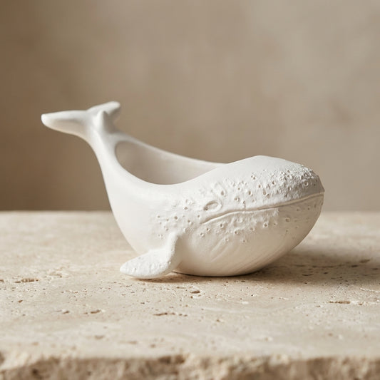 Adorable little whale vessel styled beautifully as a charming coastal trinket holder on a nursery bedside table.