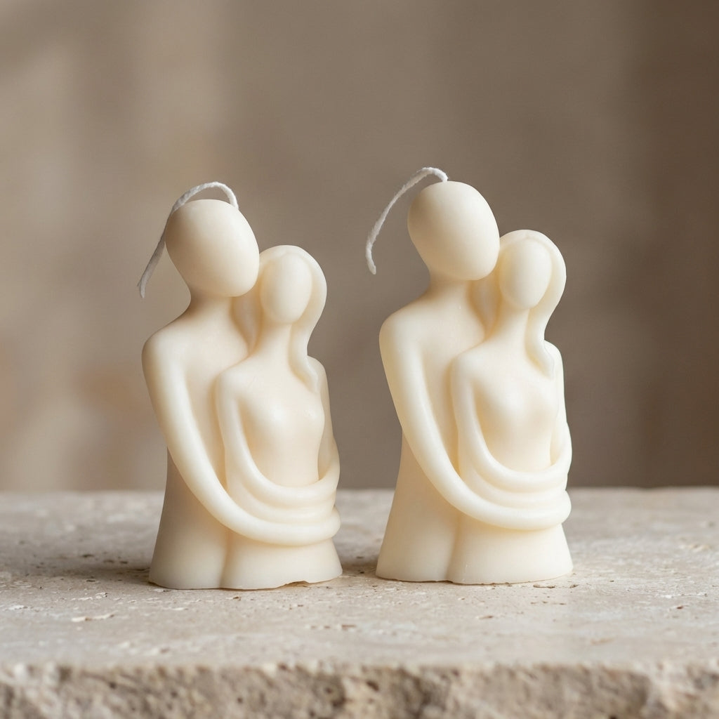 Close-up of a hand-poured soy wax lovers sculpture candle highlighting its smooth, minimalist abstract design of a couple embracing.