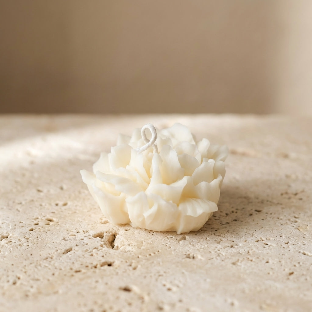 Close-up of a hand-poured soy wax miniature sculpted carnation candle highlighting its exquisitely detailed wavy petals and charming looped wick.