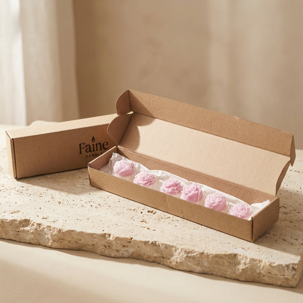 Six delicate pink hand-poured soy wax floral candles shaped like roses and peonies inside a branded kraft gift box.