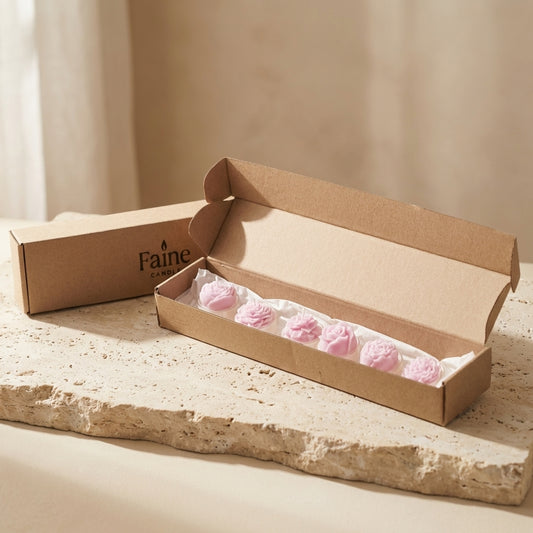 Six delicate pink hand-poured soy wax floral candles shaped like roses and peonies inside a branded kraft gift box.