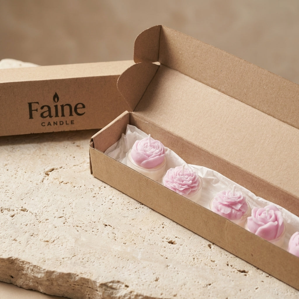 Open box of Faine Candle with pink rose-shaped candles on a stone surface