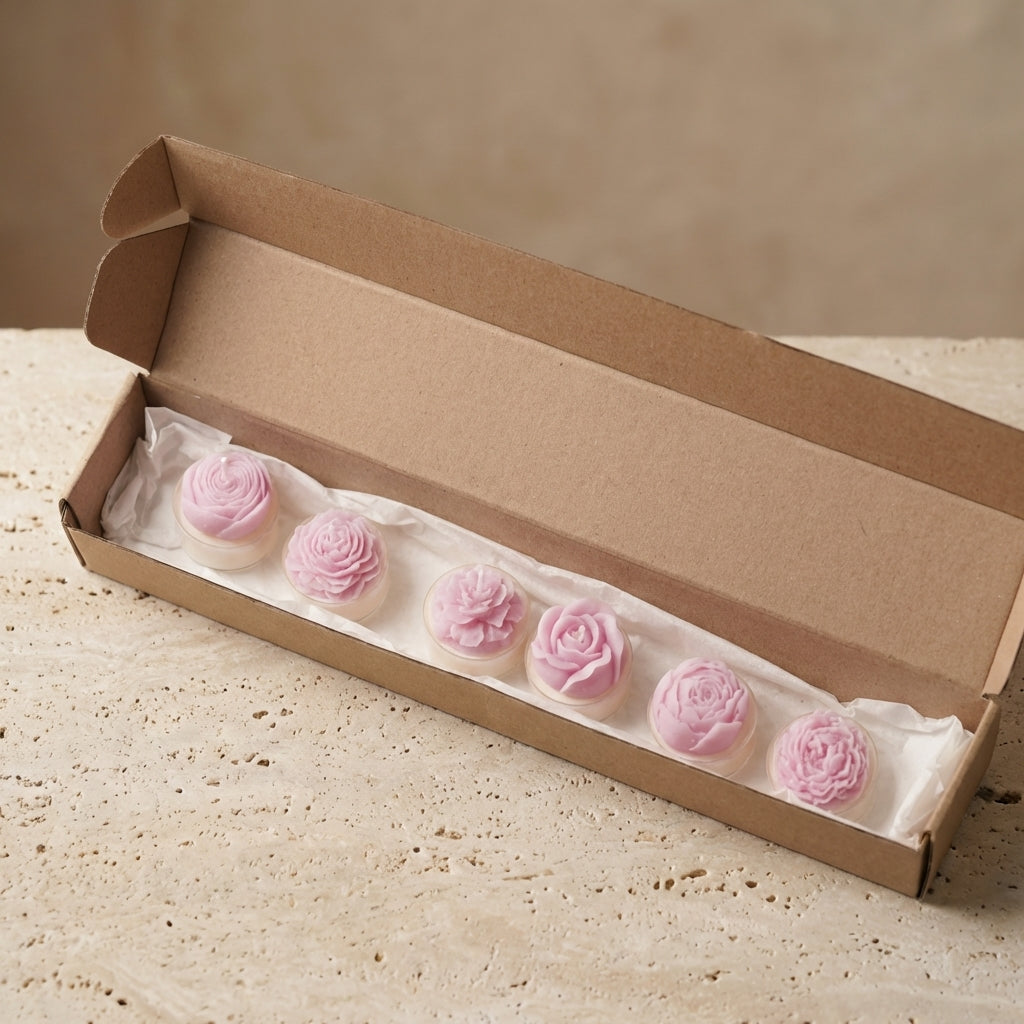 Six delicate pink hand-poured soy wax floral candles shaped like roses and peonies inside a branded kraft gift box.