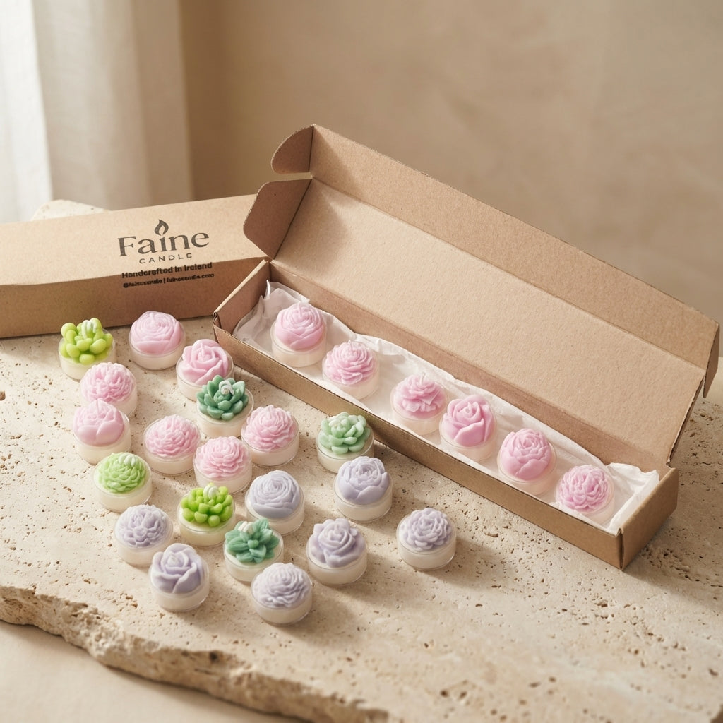 Pastel-colored earrings in an open box with 'Faine' branding on a neutral background