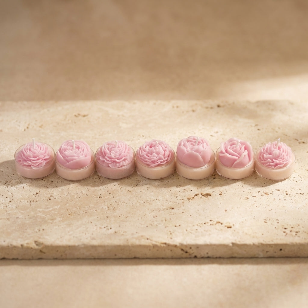 Seven delicate pink hand-poured soy wax floral candles shaped like roses and peonies inside a branded kraft gift box.
