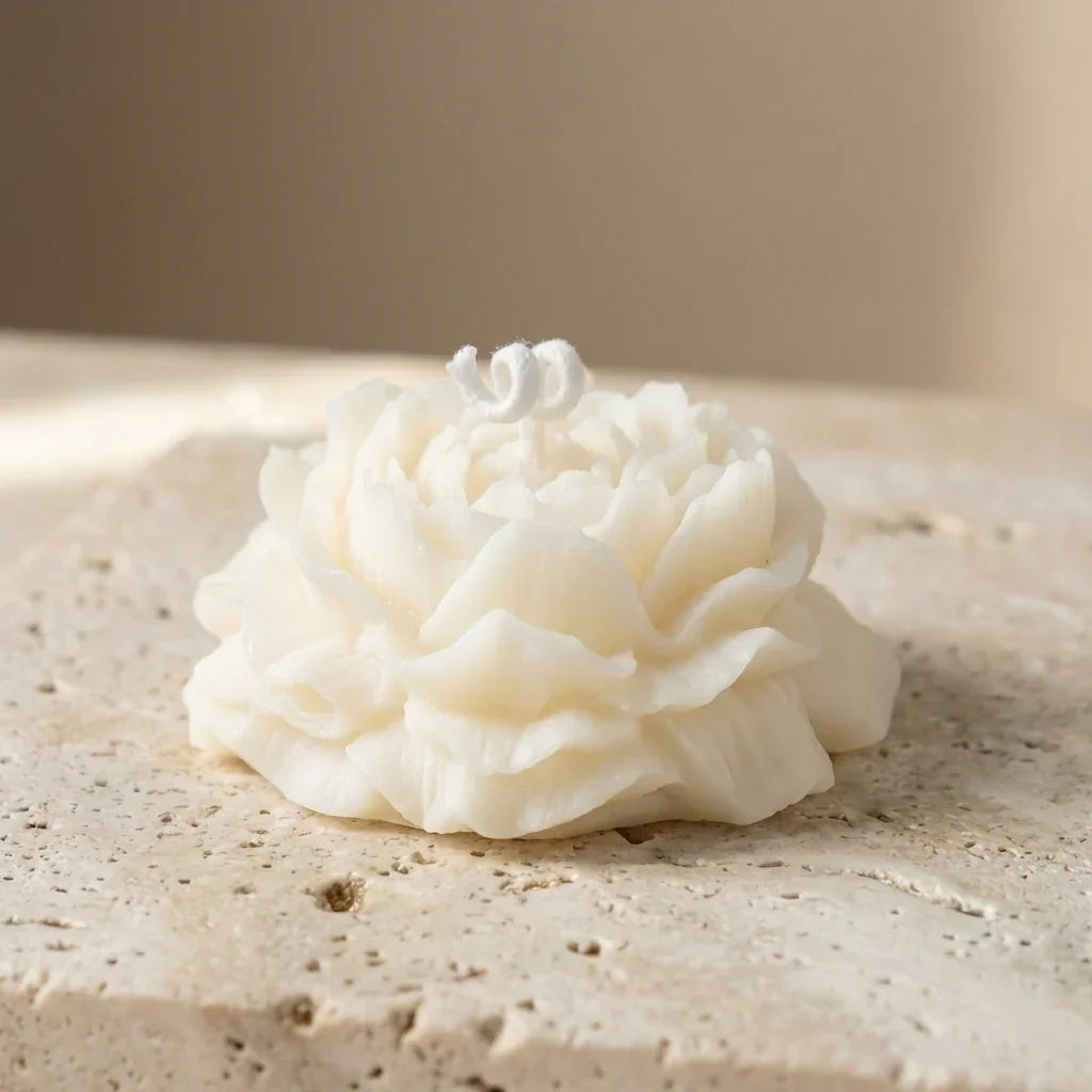 Close-up of a hand-poured uncolored soy wax miniature ivory ruffled blossom candle highlighting its delicate, multi-layered ranunculus petals.