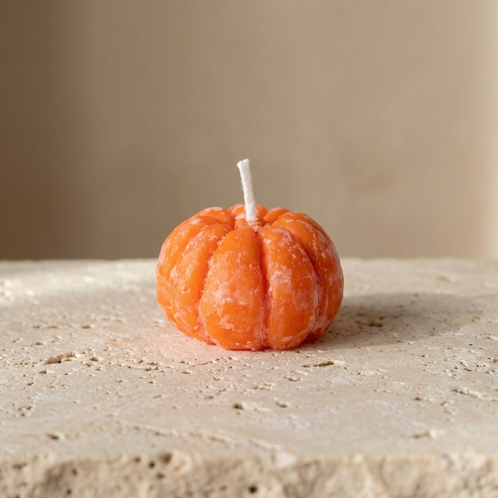 Close-up of a hand-poured soy wax miniature peeled tangerine candle highlighting its hyper-realistic plump segments and authentic texture.