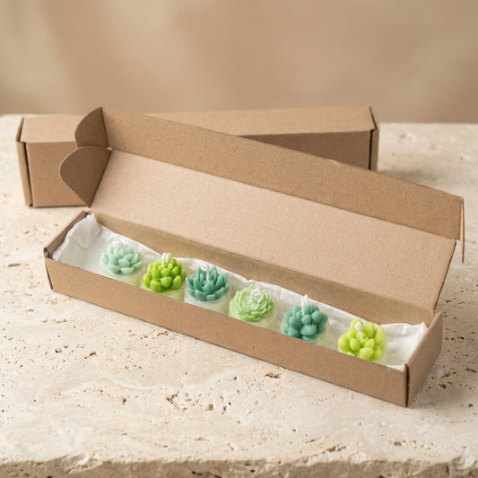 Six uniquely shaped, hand-poured green soy wax succulent candles inside a branded kraft gift box.