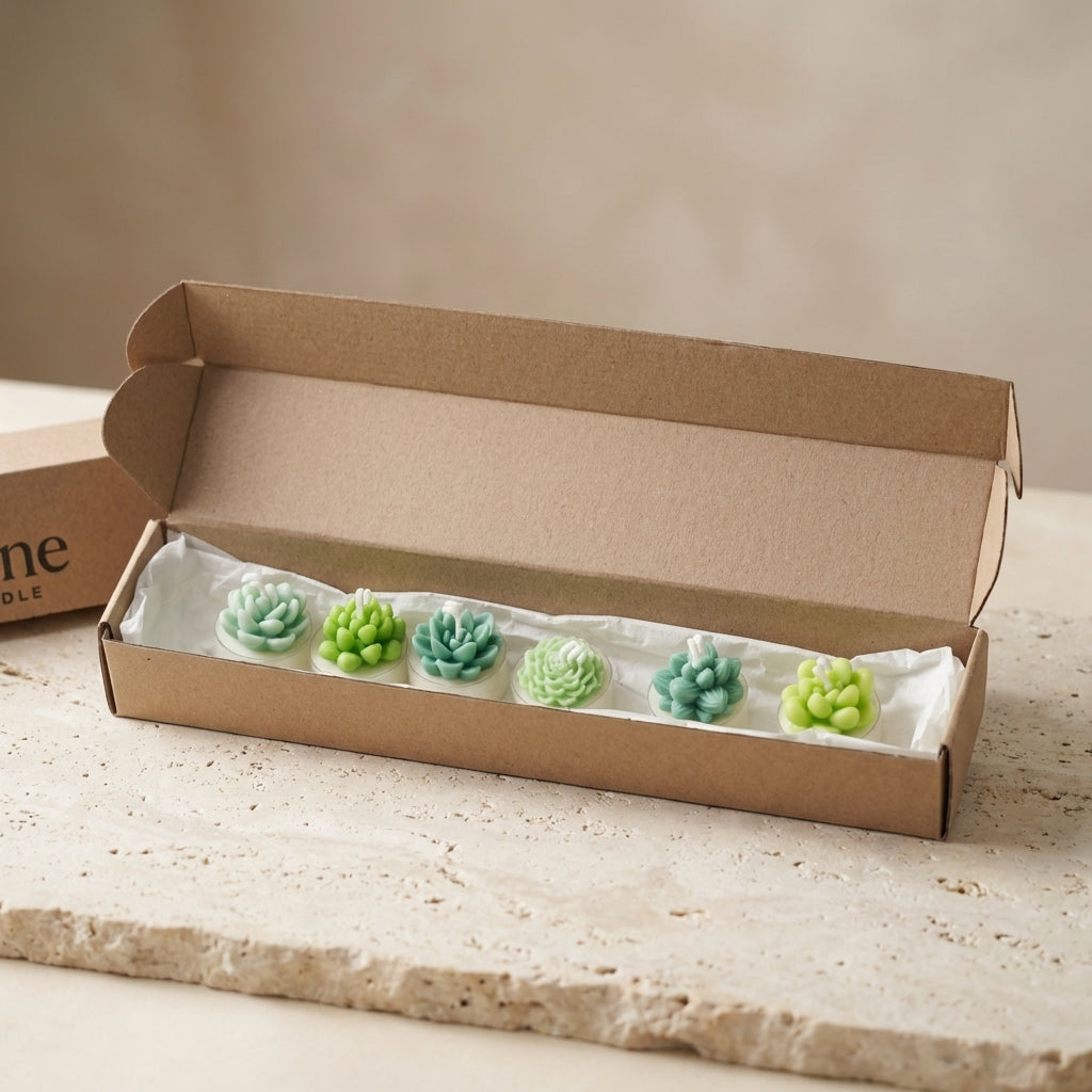 Miniature succulent candles styled in a small decorative tray.