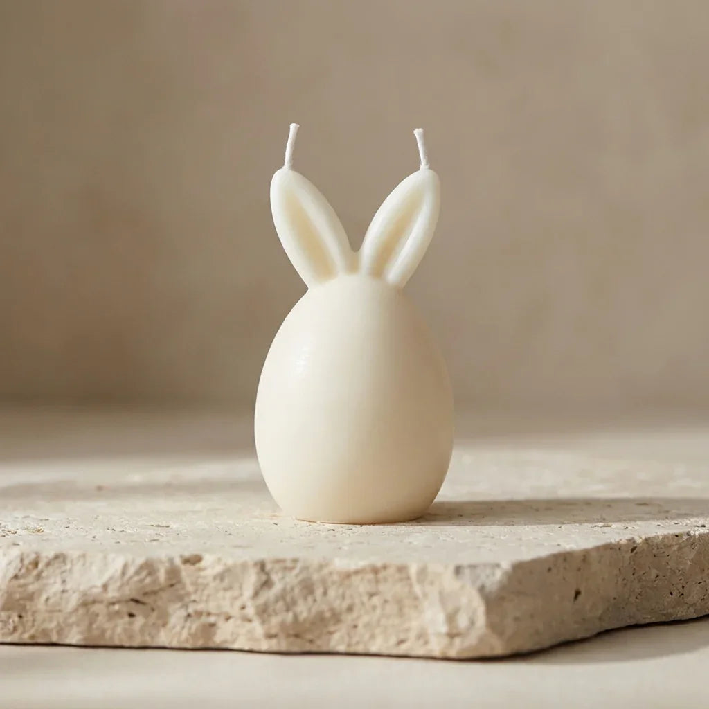 Close-up of a hand-poured soy wax dual-wick Easter bunny candle highlighting its smooth, minimalist egg shape and two bunny ears.