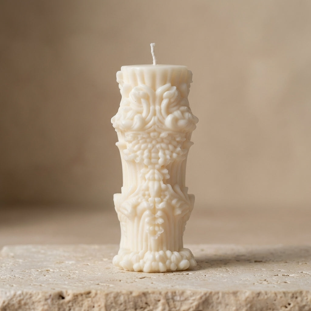 Close-up of a hand-poured soy wax ornate baroque pillar candle highlighting its deeply embossed floral and architectural motifs.