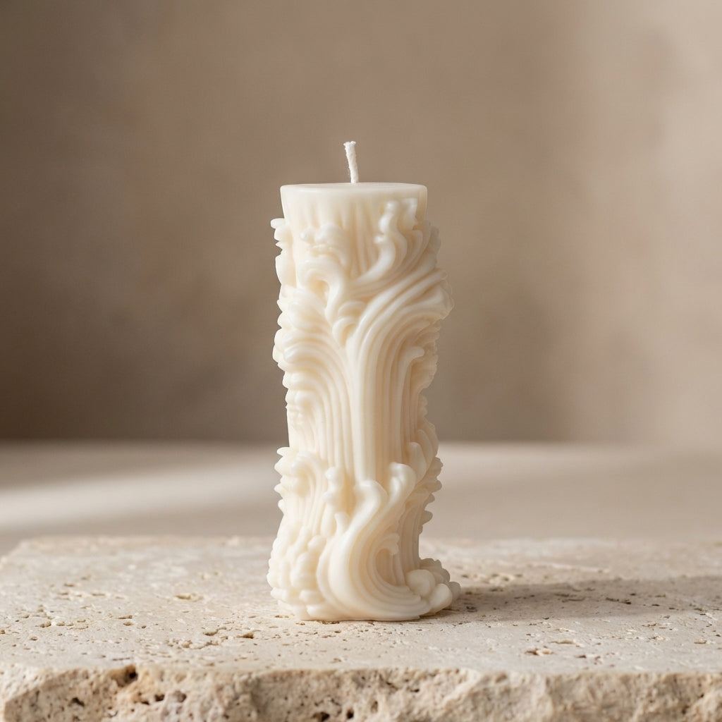 Ornate baroque pillar candle styled beautifully as a sophisticated, vintage-inspired antique accent on an elegant mantelpiece.