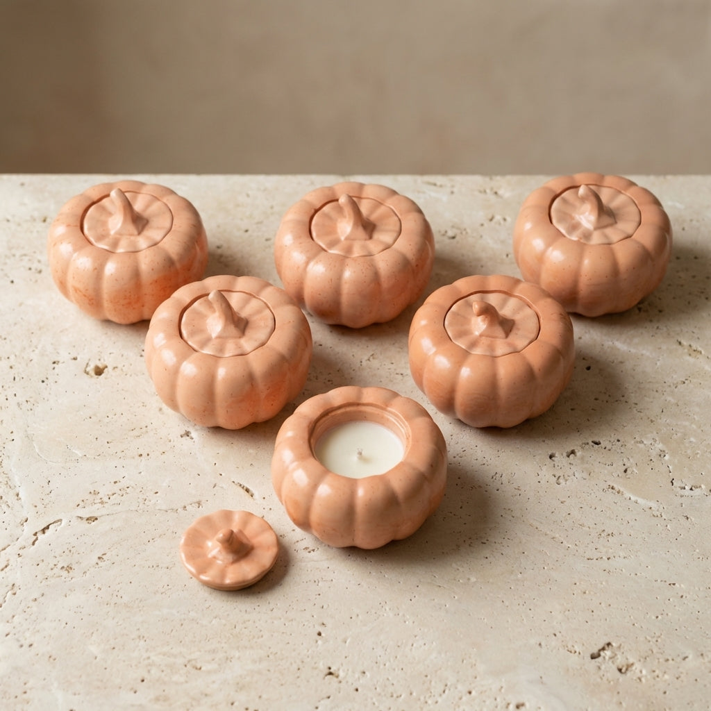 Pastel pumpkin candle with lid resting nearby, styled beautifully as cozy autumn decor on a warm, aesthetic coffee table setting.