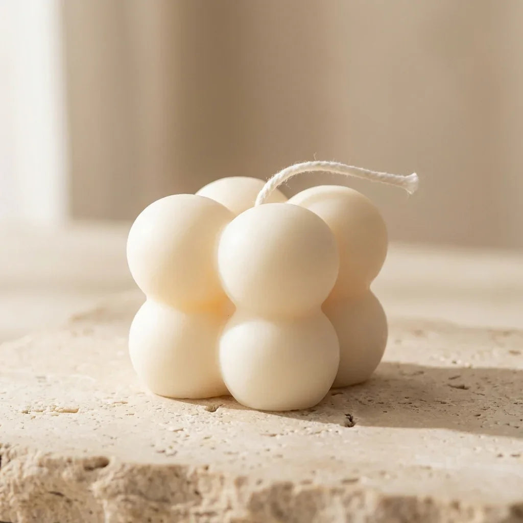 Close-up of a hand-poured soy wax petite bubble cube candle highlighting its iconic miniature geometric design.