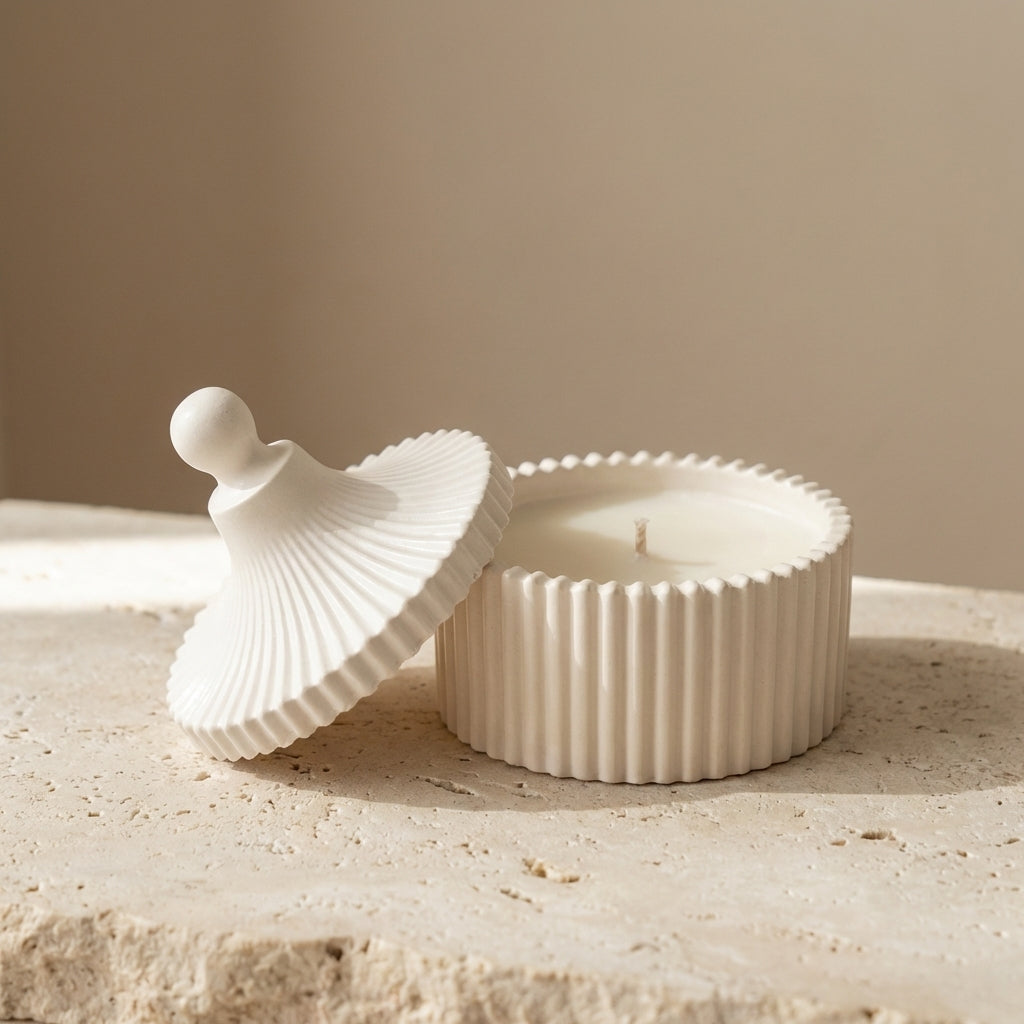 Close-up of a handcrafted ribbed gypsum vessel and matching finial lid, featuring hand-poured natural white soy wax inside.