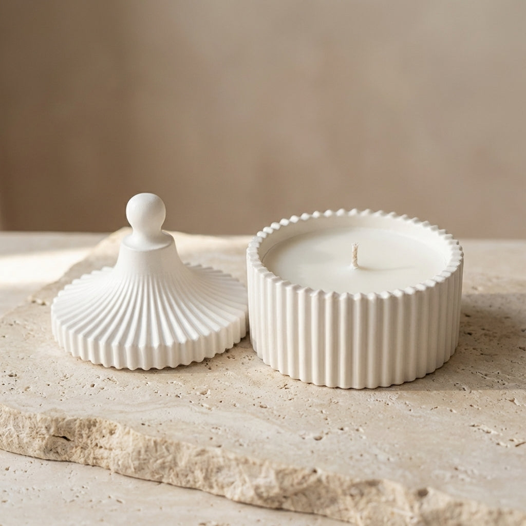 Petite fluted keepsake candle with its sculpted lid resting nearby, styled beautifully as a vintage-inspired trinket box on a chic bathroom vanity.