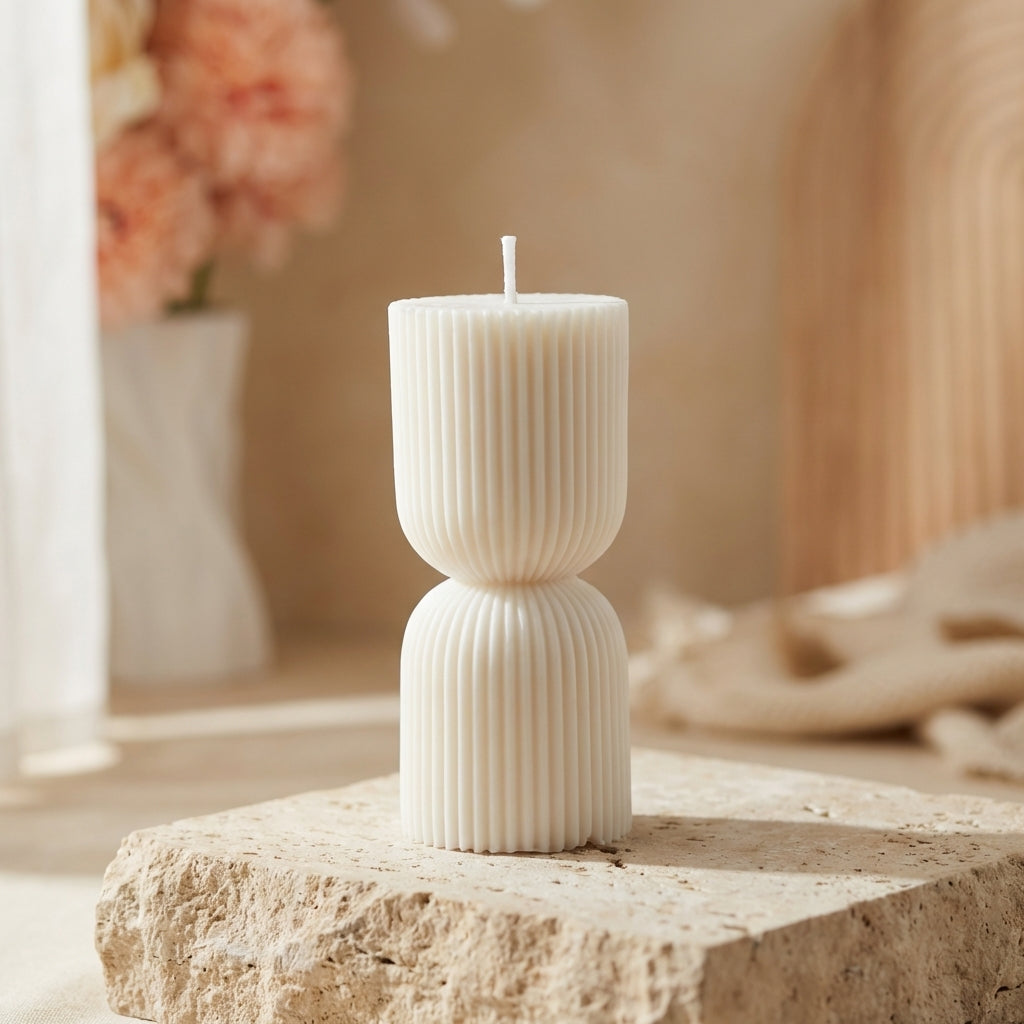 Close-up of a hand-poured soy wax petite ribbed hourglass candle highlighting its deeply fluted texture and pinched center.