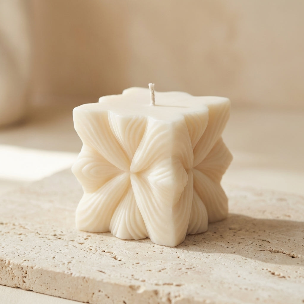 Close-up of a hand-poured soy wax pleated floral cube candle highlighting its clean geometry and flowing, origami-inspired folds.