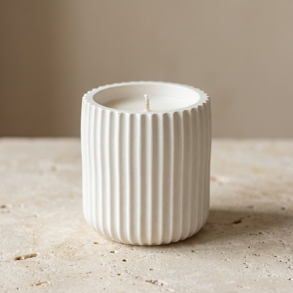 Close-up of a handcrafted ribbed gypsum canister and matching flat lid, featuring hand-poured natural white soy wax inside.