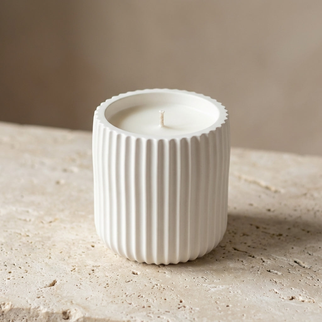 Ribbed minimalist jar candle with its flat lid resting nearby, styled beautifully as a modern, sophisticated canister on a sleek bathroom vanity.