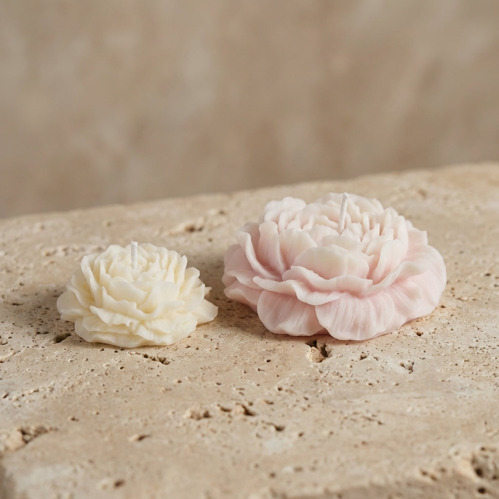 Close-up of a beautifully curated hand-poured soy wax romantic blooming floral duo highlighting a blush pink peony and an ivory-white miniature ruffled blossom.