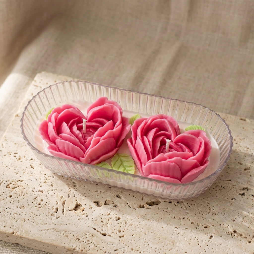 Beautiful two-wick rose heart centerpiece burning brightly, styled effortlessly as an elegant, romantic gift on a stylish bedroom vanity or dinner table.