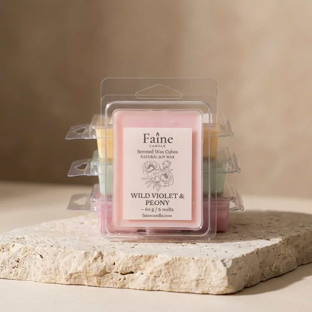 Packaged Faine scented wax cubes on a stone surface with a neutral background