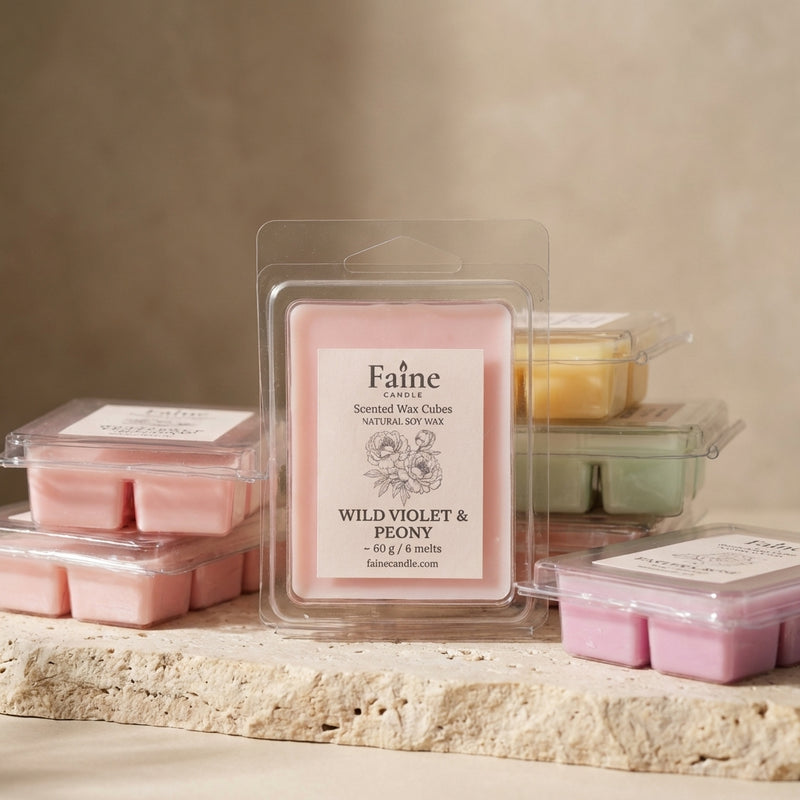 A 6-cube PET plastic clamshell of pastel-colored soy wax melts, showing the easy break-away design.