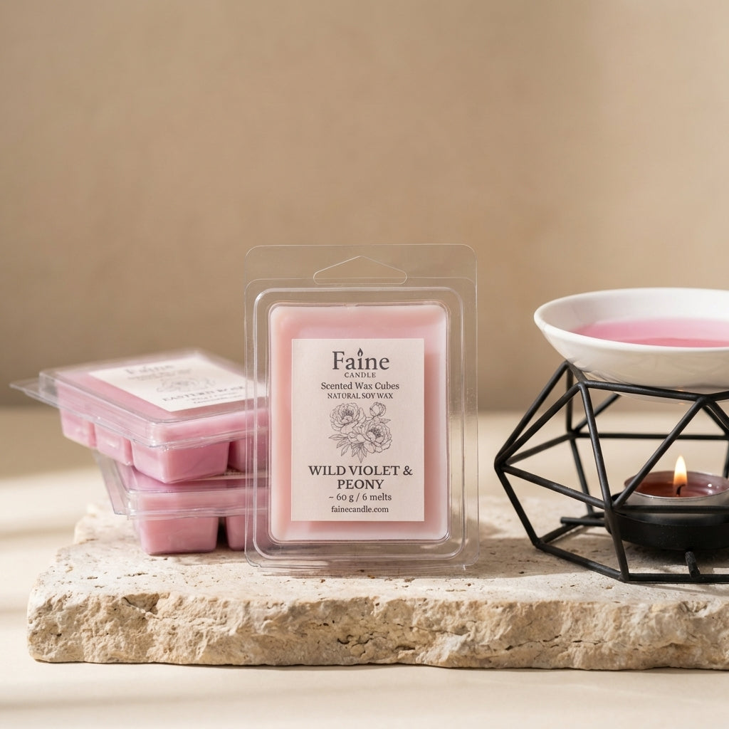 Faine candle wax melts with packaging on a stone surface, surrounded by a candle warmer and lit candle.