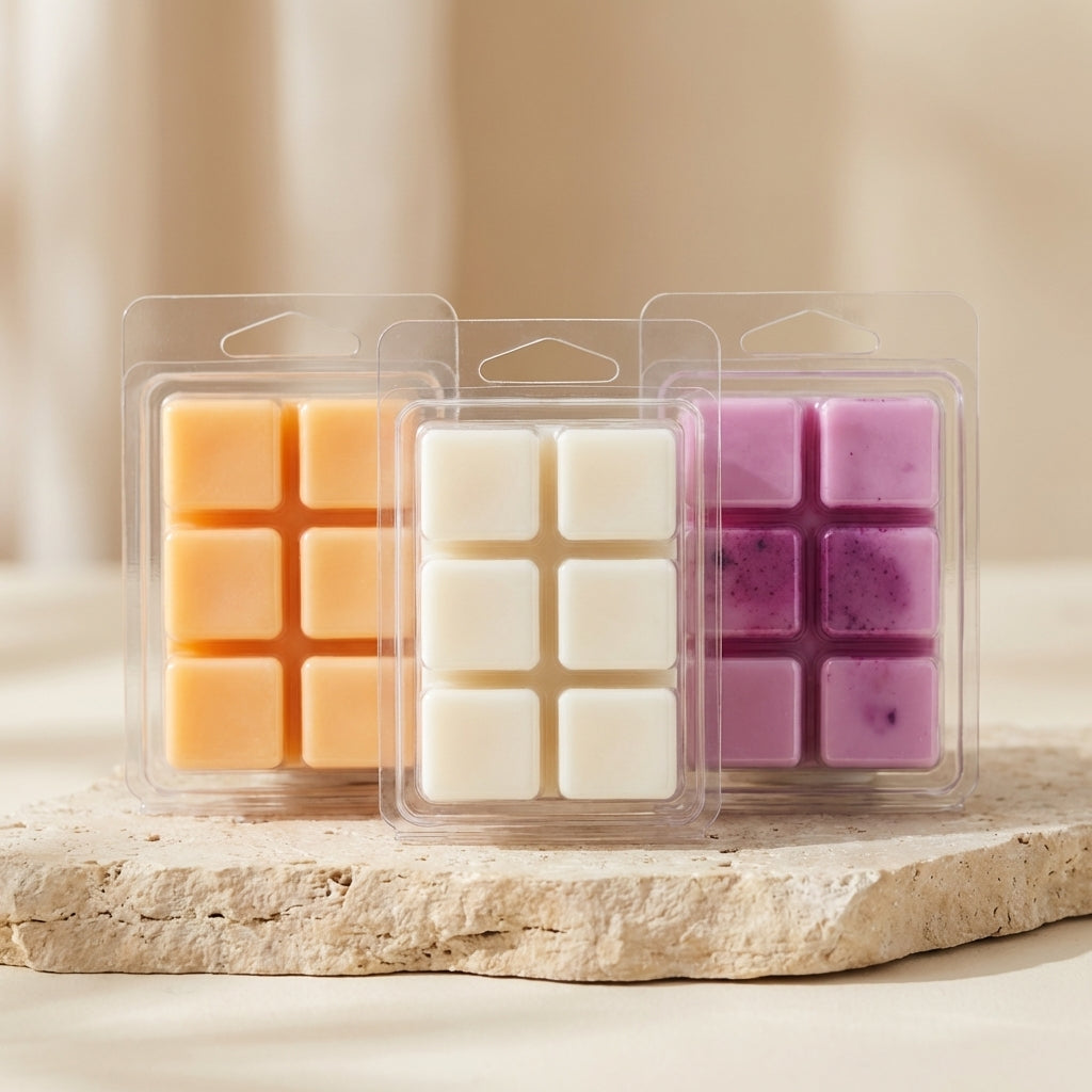 Three packages of square wax melts in orange, white, and purple on a stone surface with a neutral background.