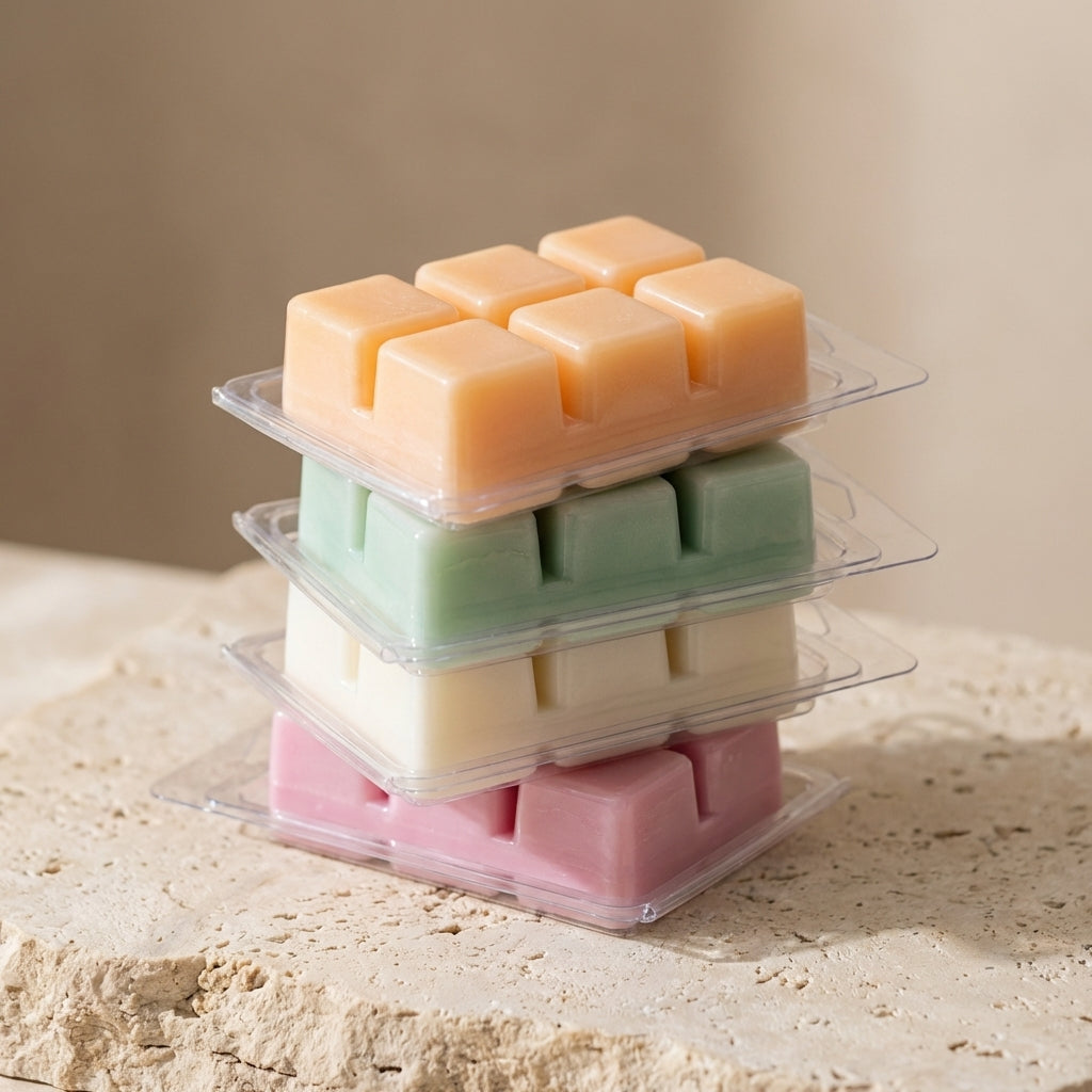 Stack of wax melts in clear packaging on a stone surface