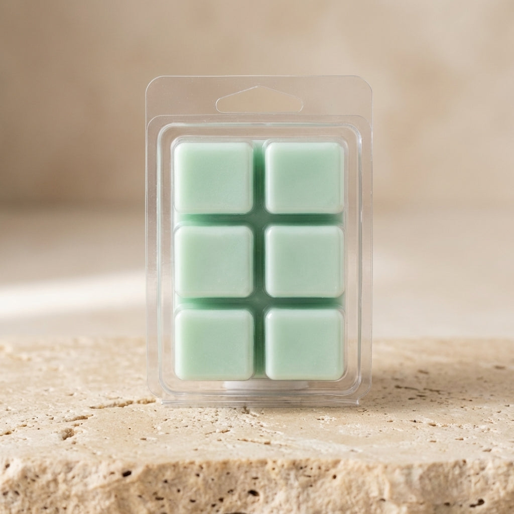 Pack of six green wax melts in clear packaging on a beige surface.