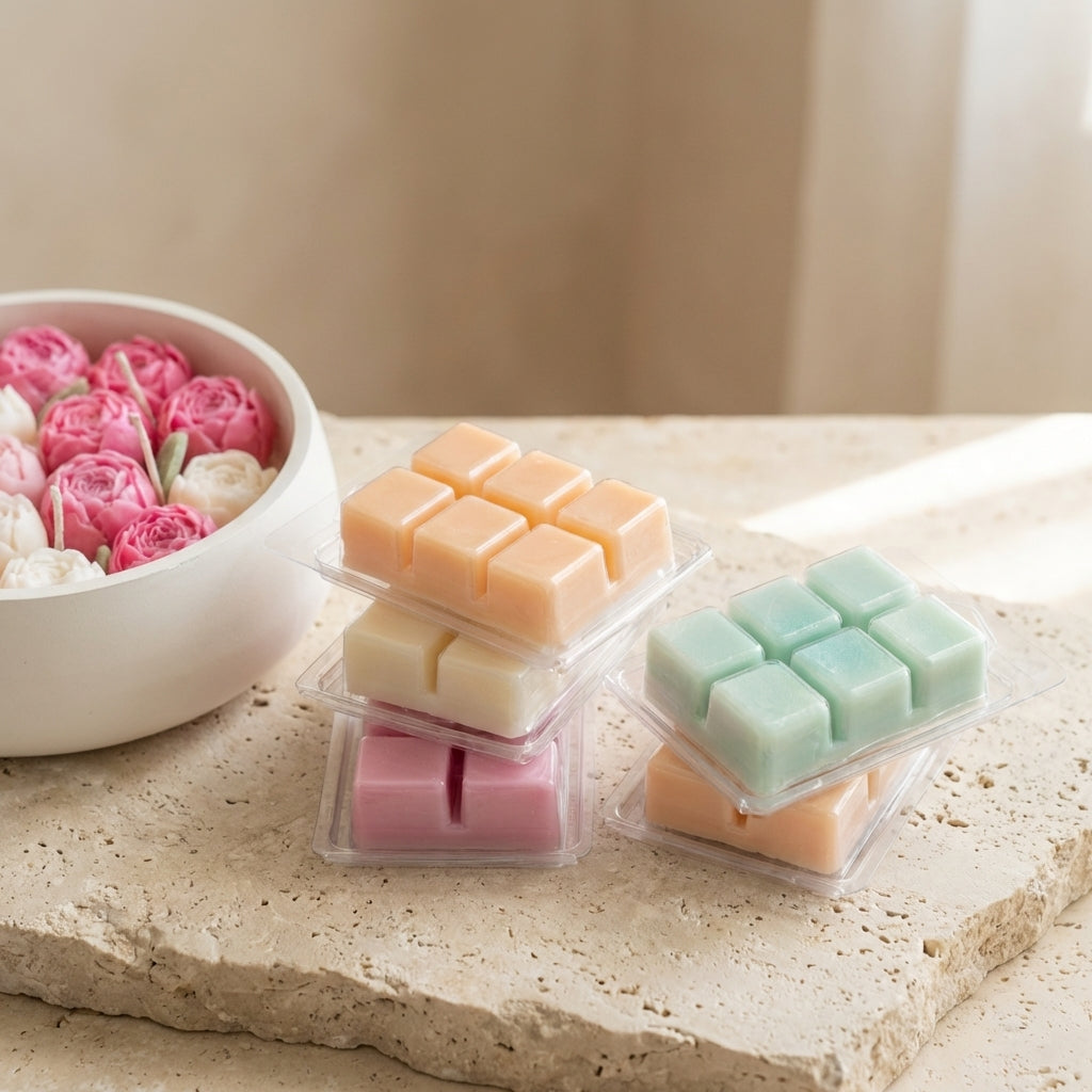 Packaged wax melts on a stone surface with a bowl of flowers in the background