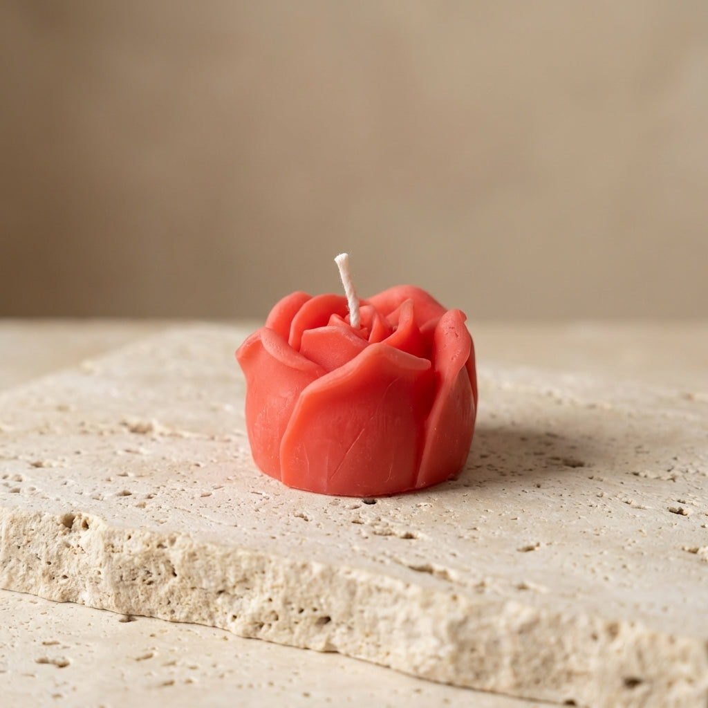 Red rose-shaped candle on a textured stone surface with a blurred background