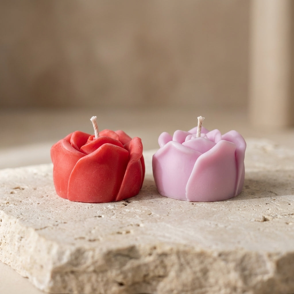 Close-up of a hand-poured soy wax blooming rose candle highlighting its intricately sculpted, soft floral petals.