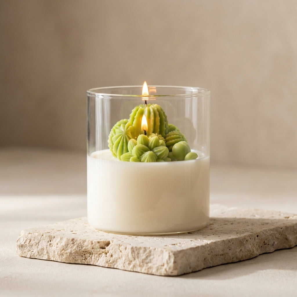 Close-up of an elegant clear glass jar featuring two wicks and a beautifully detailed arrangement of lifelike green wax cacti resting on white natural soy wax.