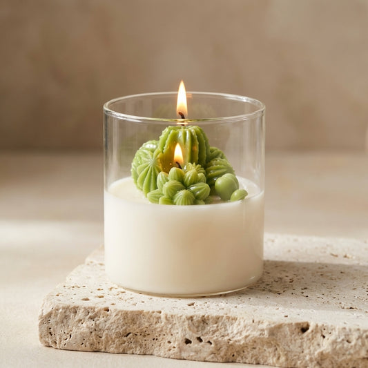 Sculptural cactus garden glass candle burning brightly, styled beautifully as a unique, botanical-inspired decor piece on a modern coffee table.