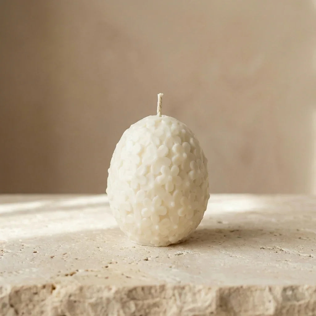 Textured white candle on a stone surface with a neutral background