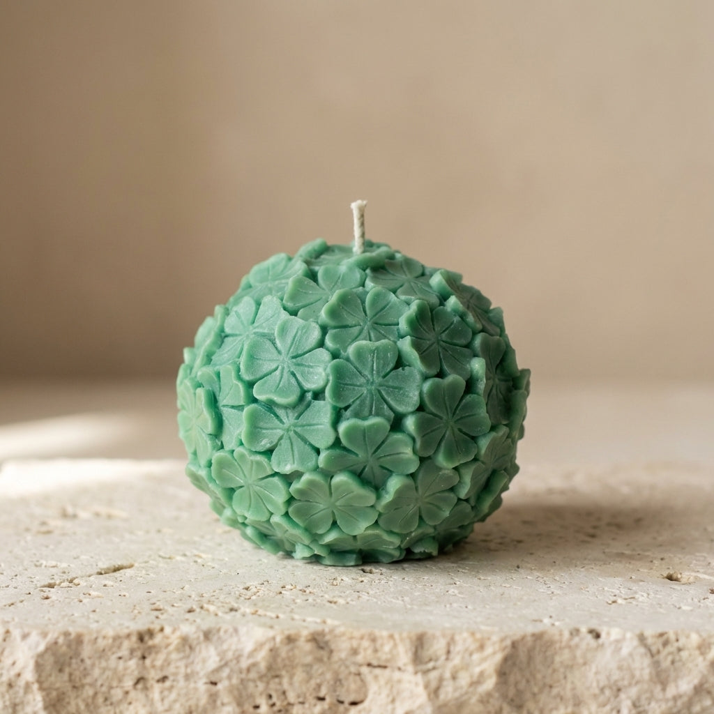 Close-up of a hand-poured earthy green soy wax sphere candle highlighting its intricately detailed, repeating four-leaf clover pattern.