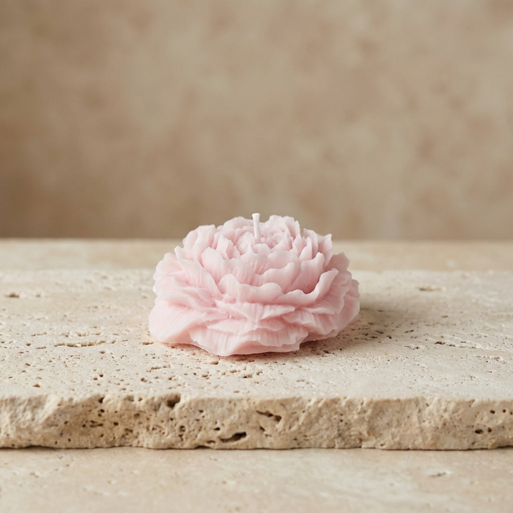 Sculptural peony blossom candle styled elegantly as a sophisticated, romantic botanical accent on a modern bedroom vanity.