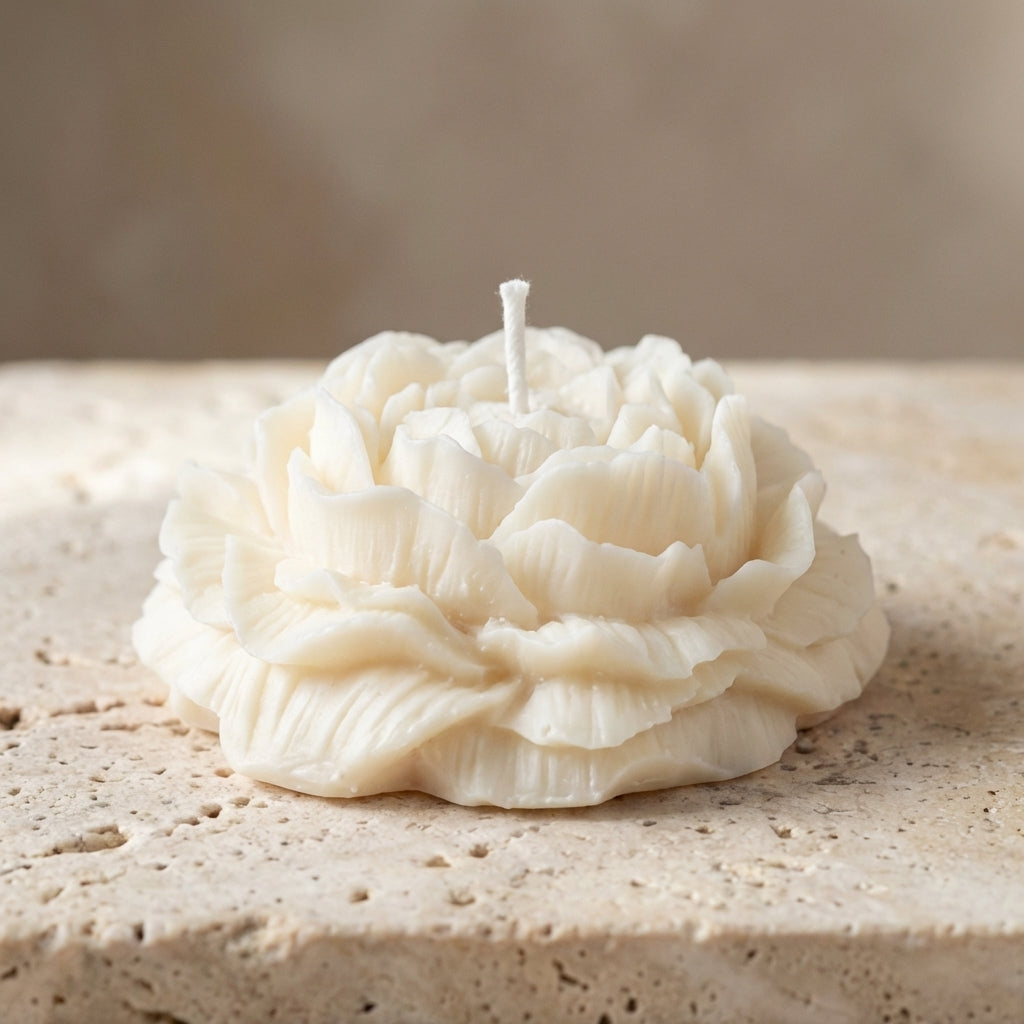 Close-up of a hand-poured soy wax sculptural peony blossom candle highlighting its soft blush hue and delicate, layered floral petals.
