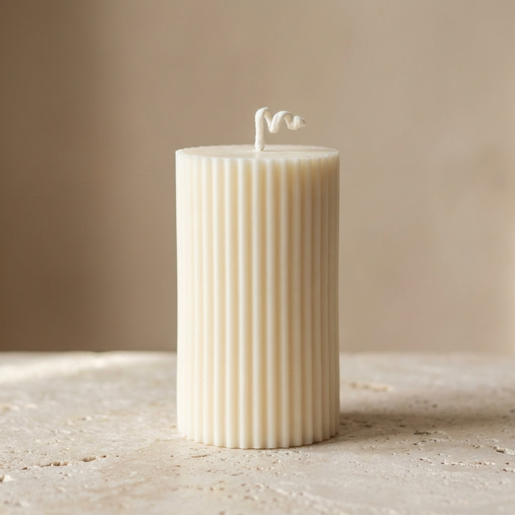 Close-up of a hand-poured soy wax sculptural ribbed pillar candle highlighting its sleek cylindrical silhouette and elegant vertical fluting.