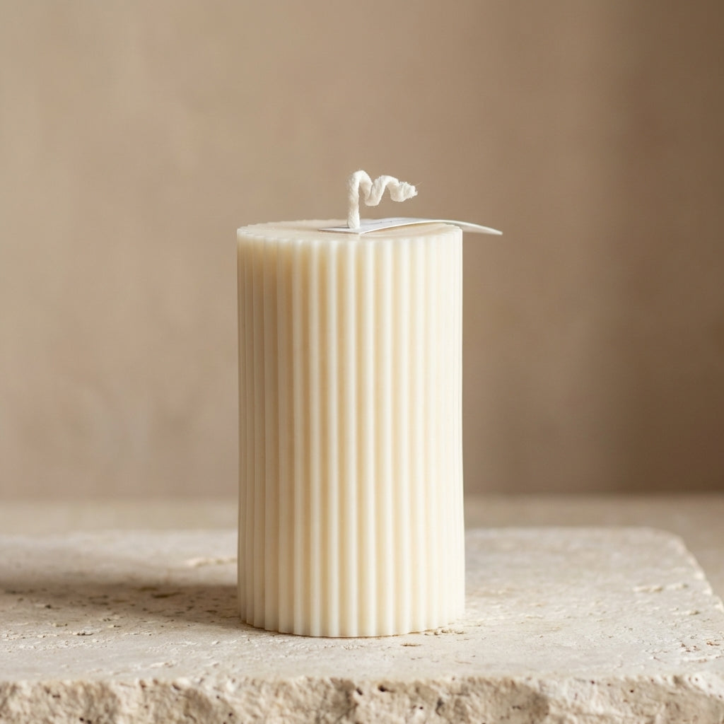 Sculptural ribbed pillar candle styled beautifully as a timeless, minimalist decor staple on a decorative room tray.