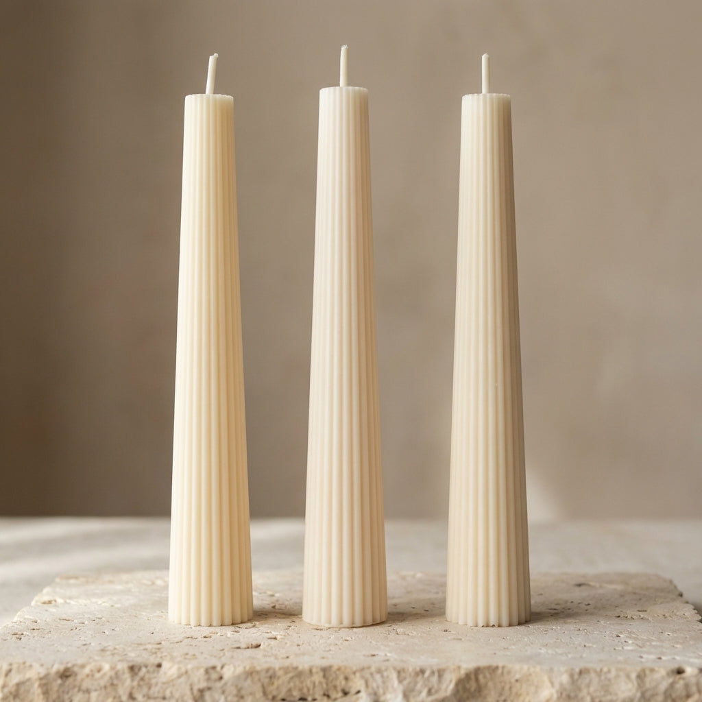 Tall fluted pillar candle styled beautifully as a striking, freestanding modern centerpiece in an elegant room setting.